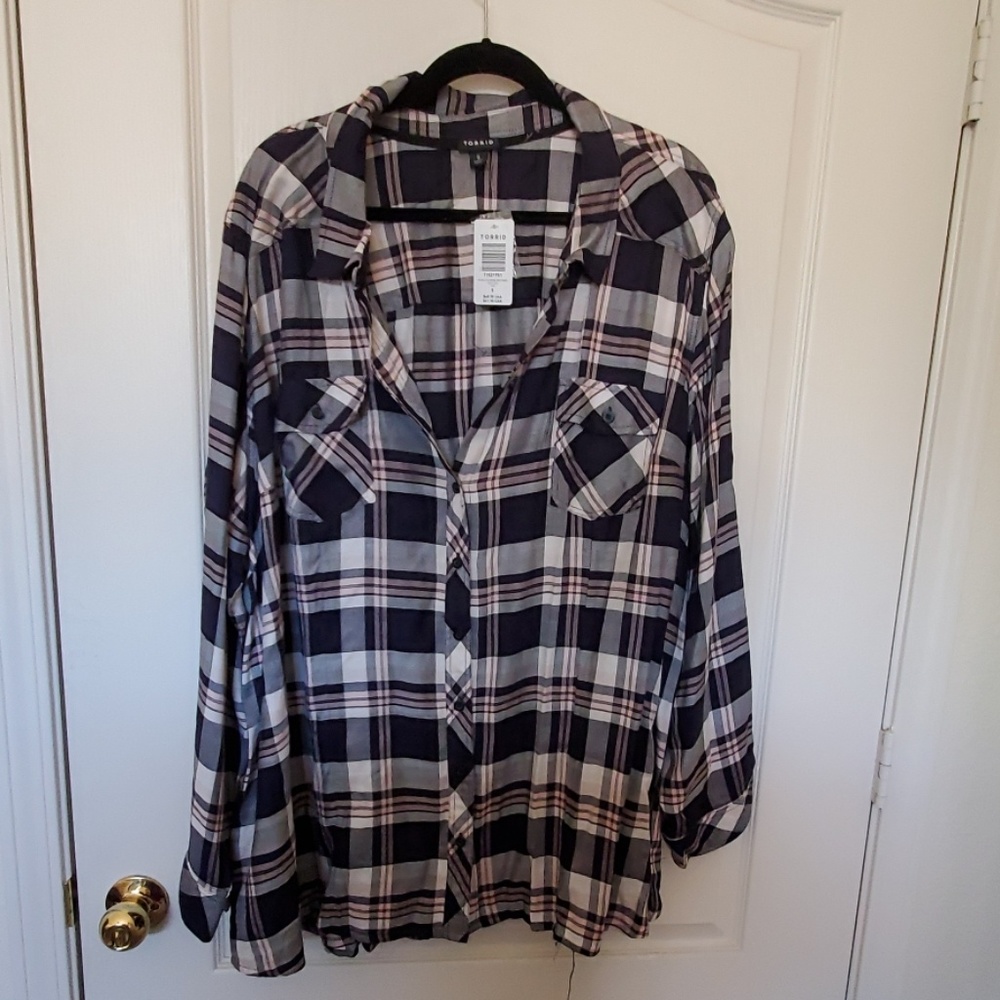 Plaid navy and pink button-up top